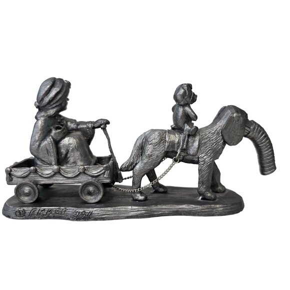 Vintage Michael Ricker 1984 Pewter Figurine Boy Riding dog Elephant Pulling Wago - Picture 7 of 10
